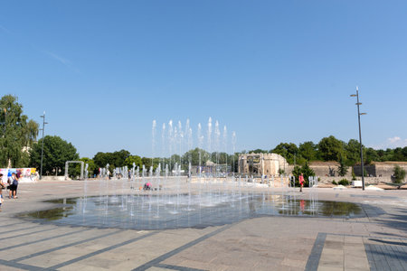 Nis, Serbia - August 14, 2021 Fountain on the square in the center of Nis city on a hot summer dayのeditorial素材