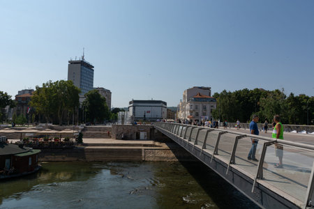 Nis, Serbia - August 14, 2021 New bridge over the river Nisava with people in the city of Nis downtown on a summer dayのeditorial素材