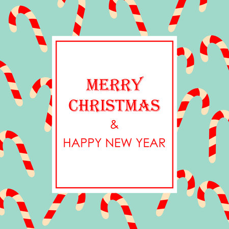 Xmas card template with text Merry Christmas and happy new year and candy cane pattern on blue background. Flat design vector illustrationのイラスト素材