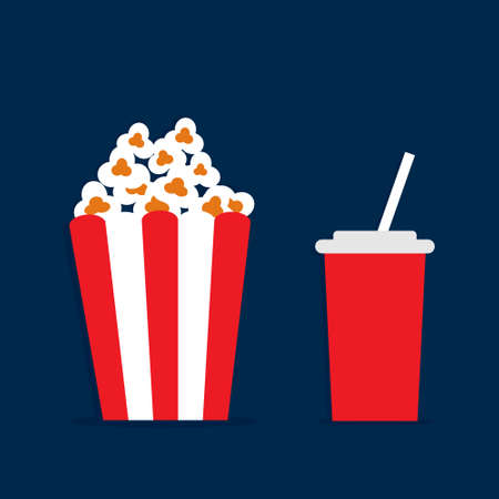 Popcorn striped bucket with a cup of soda isolated on dark blue background. Flat style vector illustration. Fast food conceptのイラスト素材