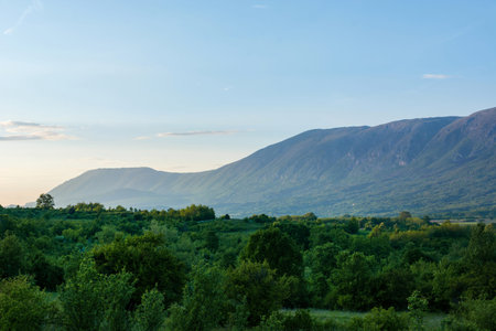 Beautiful landscape view of Suva Planina The dry mountain in Serbia at spring sunset. Natural...