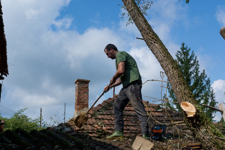 A man cleans the roof of a house after a big storm on a summer day. A man stands on the roof and removes fallen leaves and branchesの写真素材