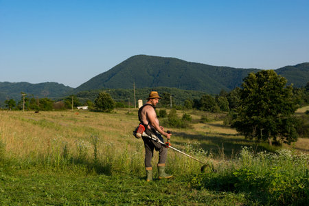 A farmer trims tall grass in a sunny, hot meadow using a trimmer. The backdrop reveals meadows, hills, mountains, and a blue sky. He wears a straw hat.の写真素材