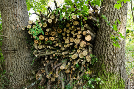 Neatly stacked freshly cut firewood logs between two large trees in a summer forest. Thin logs in a row. Firewood cutting conceptの写真素材