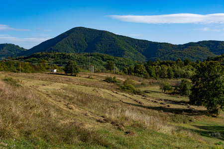 Autumn landscape of nature on a sunny autumn day with mowed meadows and hills under the blue sky in...