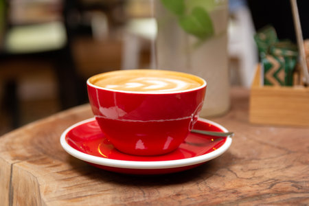 Close-up of a red espresso cup adorned with milk foam art, placed on a retro wooden table in a cafeの写真素材
