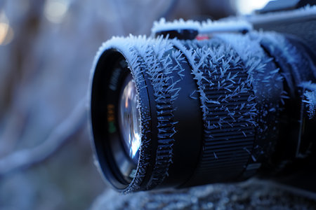 Close-up of a camera lens covered with hoarfrost.の素材