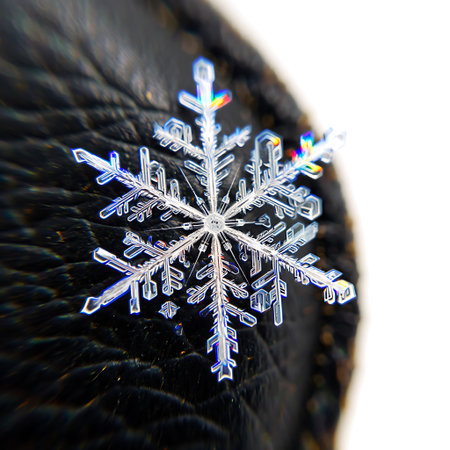 Snowflake on a black leather background. Macro photo with shallow depth of field.の素材