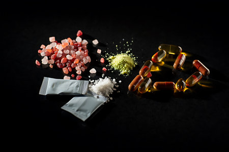 Pills and drugs on a black background. Selective focus.の素材