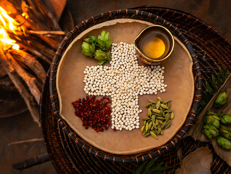 Spices and herbs in a wooden plate on a dark background.の素材