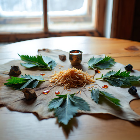 Wooden table in rustic style with green leaves and candles.の素材