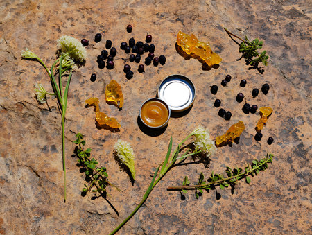 Natural organic cosmetics and ingredients for skin care on a stone background.の素材