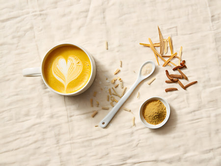 Cup of cappuccino with latte art on beige background, top viewの素材