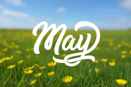 Mardi Gras lettering on green meadow with yellow flowersの素材