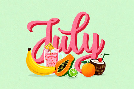 Fruits and smoothie hand drawn lettering, vector illustration.の素材