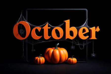 3d render of orange text october and pumpkins on black backgroundの素材