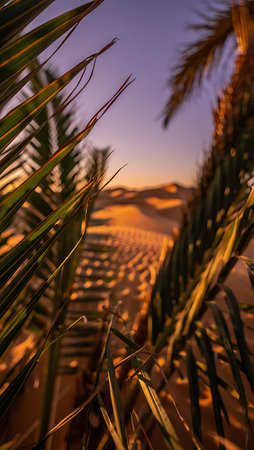 Sunset in the desert with palm trees and sand dunes.の素材