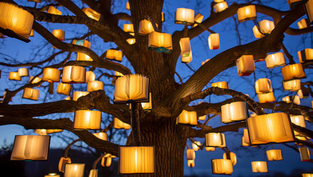 Lanna lanterns hanging from a tree at night in Chiang Mai, Thailandの素材