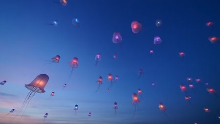 Colorful balloons in the sky at sunset. Concept of celebration.の素材