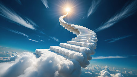 Staircase made of clouds with sun shining in the blue skyの素材
