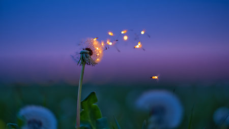 Dandelion seeds in the field at sunset. Soft focus.の素材
