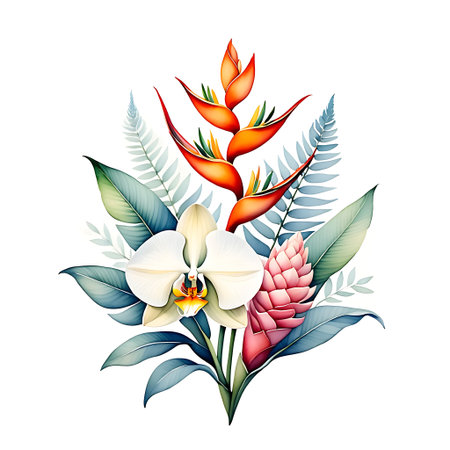 Beautiful bouquet of tropical flowers and leaves. Vector illustration.の素材