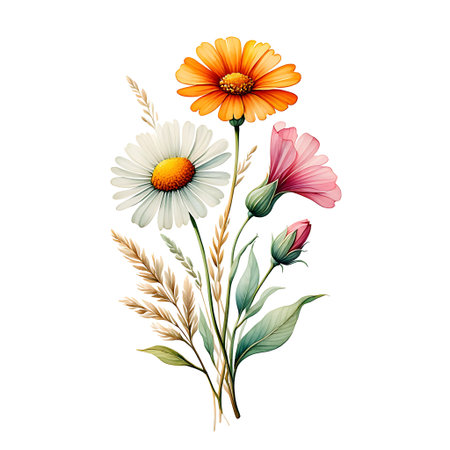 Beautiful bouquet of daisies and cornflowers. Vector illustration.の素材