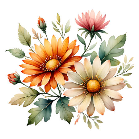 Beautiful vector watercolor summer bouquet with chrysanthemums.の素材