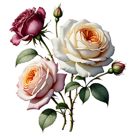 Illustration of white and pink roses on a white background. Vector.の素材