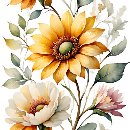 Seamless pattern with watercolor sunflowers. Hand-drawn illustration.の素材
