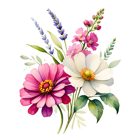 Beautiful floral bouquet with chamomile, daisy and lavender. Vector illustration.の素材