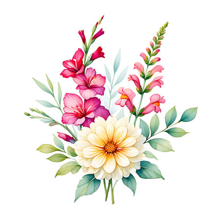 Beautiful floral bouquet with dahlia flowers and leaves, hand drawn vector illustrationの素材