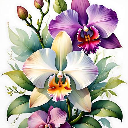Seamless background with orchids and tropical leaves. Vector illustration.の素材