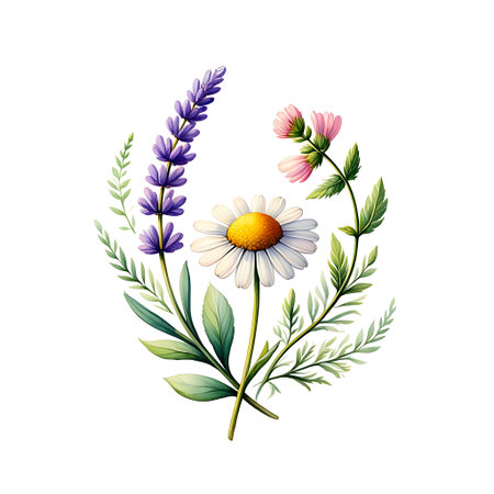 chamomile and lavender flowers with leaves vector illustration graphic designの素材