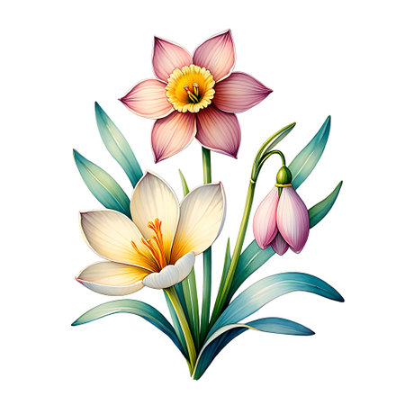 Beautiful spring flowers isolated on a white background. Vector illustration.の素材