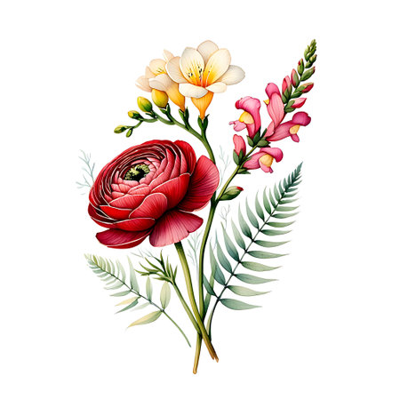 Beautiful floral bouquet with red ranunculus, freesia and wildflowers, hand drawn vector illustrationの素材