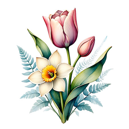 Beautiful vector floral bouquet with tulips and narcissus.の素材