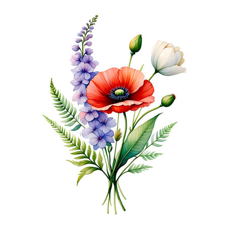 Beautiful vector floral bouquet with poppies and wildflowersの素材