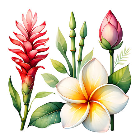 Vector set of tropical flowers. Frangipani, plumeria and ginger.の素材