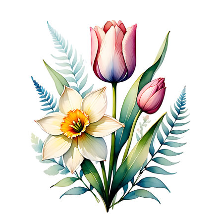 Bouquet of tulips and daffodils. Vector illustration.の素材