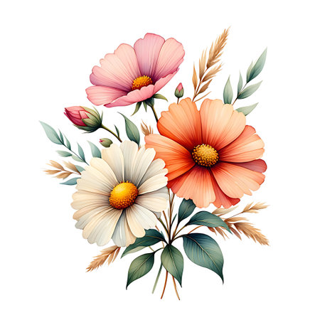 Beautiful vector floral bouquet with chamomiles and wildflowers on white backgroundの素材