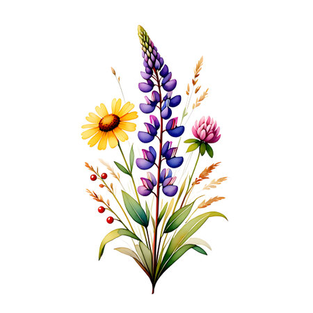 Beautiful bouquet of wildflowers and grass. Vector illustration.の素材