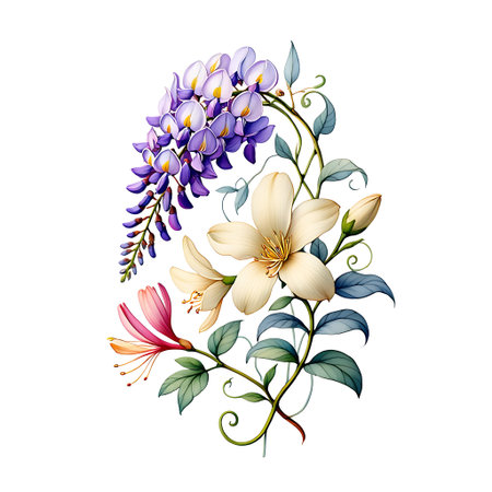 Beautiful bouquet with lily and wisteria flowers, vector illustrationの素材