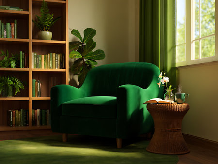 green armchair in the living room with bookshelf and plantsの素材