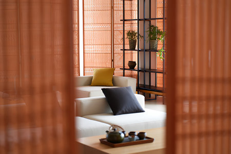 Interior of modern living room with sofa, armchair and tableの素材