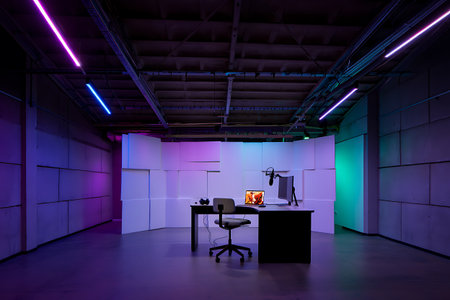 Interior of a modern office. 3D rendering. Neon lightsの素材