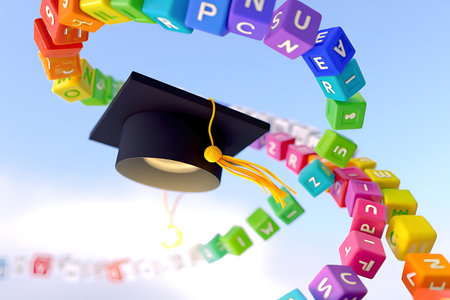 3d rendering of graduation cap and colorful cubes with letters flying outの素材