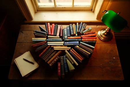 Pile of books in a heart shaped box on a wooden tableの素材
