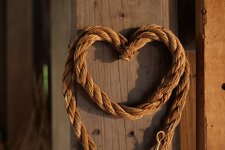 wicker rope in the shape of a heart on a wooden backgroundの素材