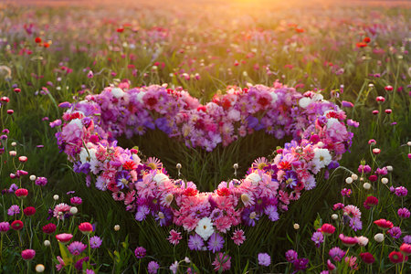 Heart shape made of colorful flowers in the meadow at sunset.の素材